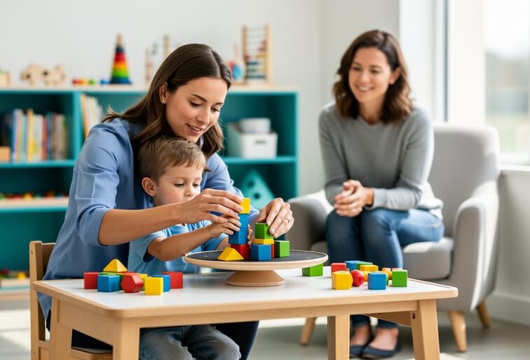 Occupational therapist helping a child with fine-motor play while a parent watches in a pediatric therapy clinic.