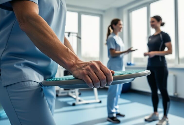 Therapist guiding a patient’s hand while using a balance board in a modern rehabilitation clinic with a care team in the background.