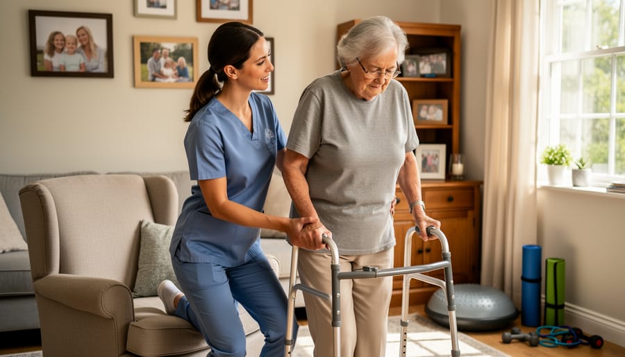 A physiotherapist kneeling beside an older adult in a living room while guiding a balance exercise using a chair and resistance band