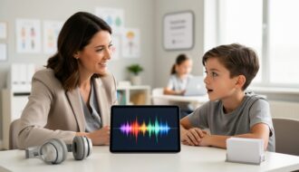 A speech pathologist working with a young client during speech therapy in a modern clinic setting with supportive, technology-free visual cues and no readable text.
