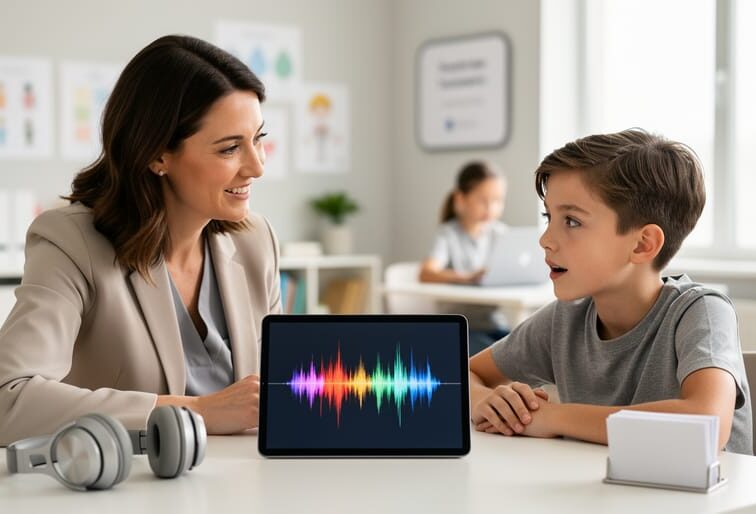 A speech pathologist working with a young client during speech therapy in a modern clinic setting with supportive, technology-free visual cues and no readable text.