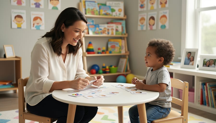 Speech pathologist speaking with a young child during a therapy session in a bright clinical room.