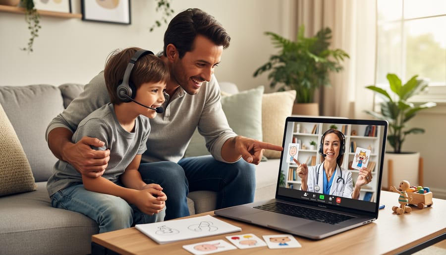 Speech pathologist delivering telehealth speech therapy from a home office with a laptop and video call.