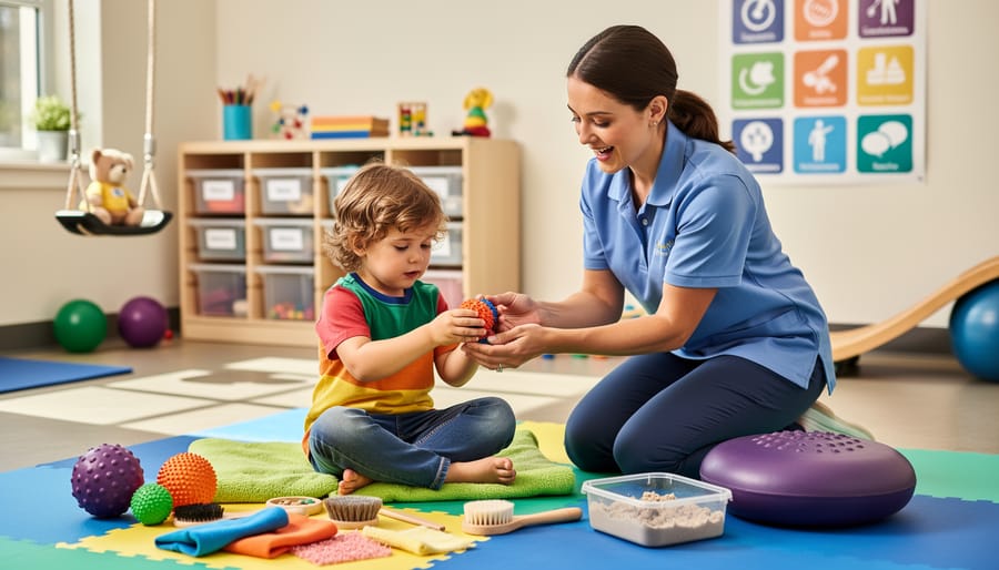 Therapist and child using sensory tools on the floor during pediatric occupational therapy