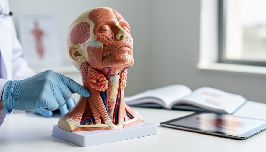 An anatomical neck model on a tabletop with medical supplies nearby.