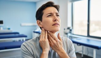 Person sitting in a rehabilitation clinic gently holding their neck, suggesting evaluation of neck pain and possible infection-related lymph node tenderness.