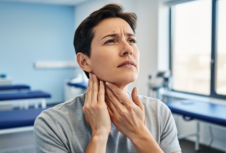 Person sitting in a rehabilitation clinic gently holding their neck, suggesting evaluation of neck pain and possible infection-related lymph node tenderness.