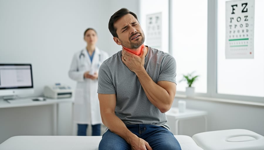 Person holding their neck while seated in a clinic exam room.