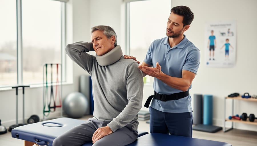Physiotherapist assisting a patient with gentle neck mobility exercises in a rehabilitation setting.