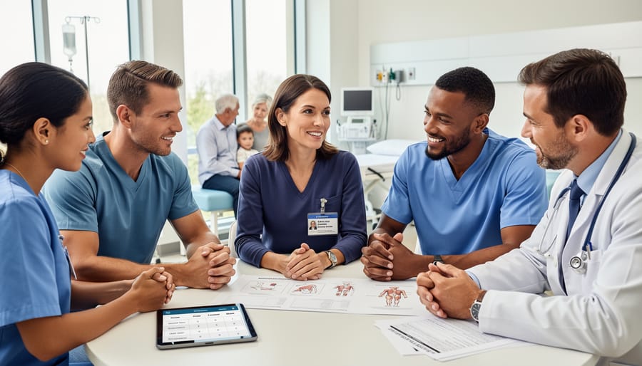 Rehabilitation healthcare team collaborating in a clinic hallway