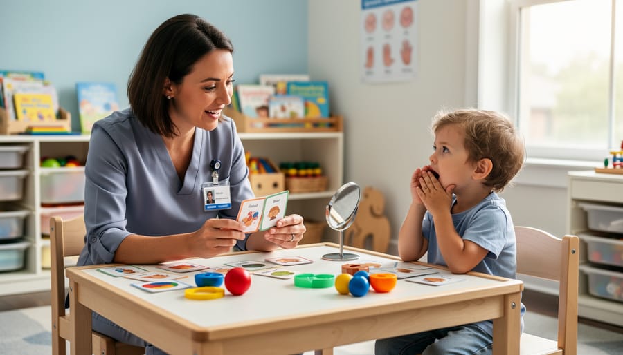 Speech-language pathologist interacting with a child during a speech therapy session using a picture board