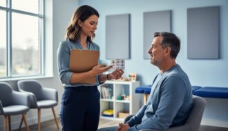 Speech-language pathologist and patient in a therapy room during a focused communication session, with clinician holding a clipboard and gesturing toward a non-text communication card.