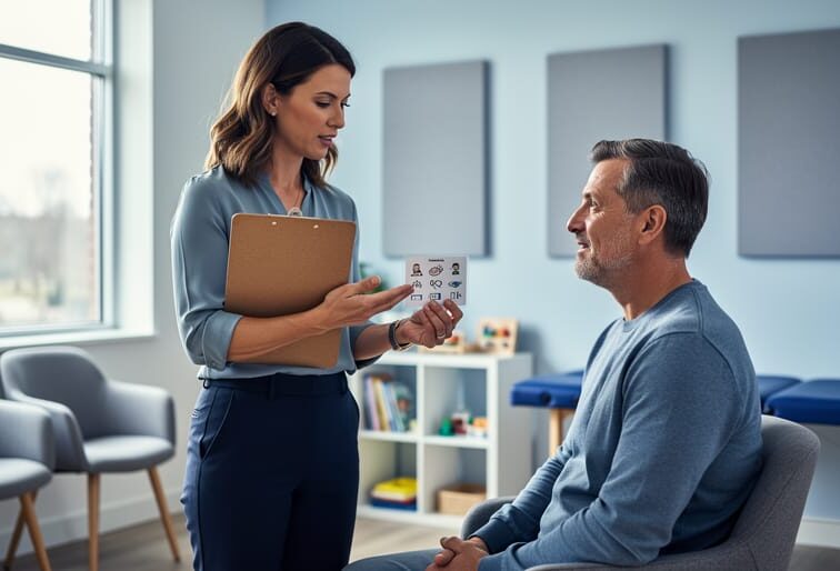 Speech-language pathologist and patient in a therapy room during a focused communication session, with clinician holding a clipboard and gesturing toward a non-text communication card.