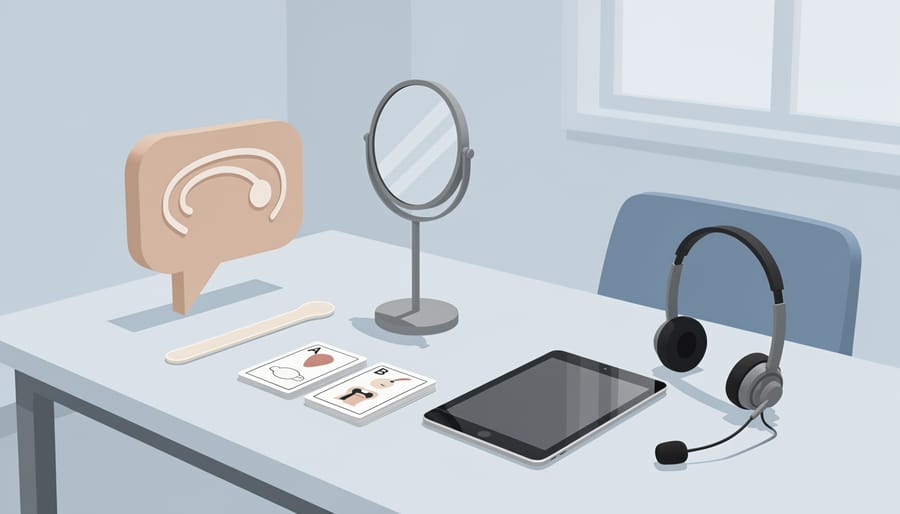 Speech therapy tools and stethoscope arranged on a clinical desk
