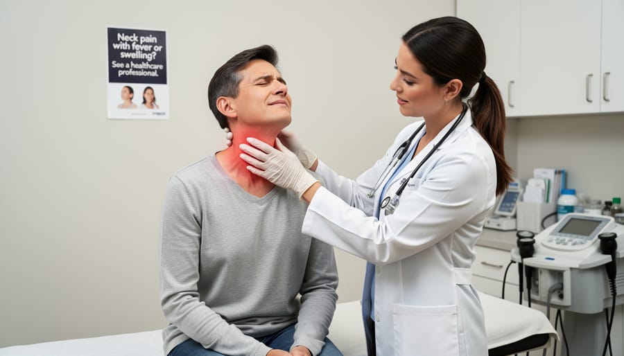 Stethoscope and clinician’s gloved hand with a medical posture pillow on a desk.