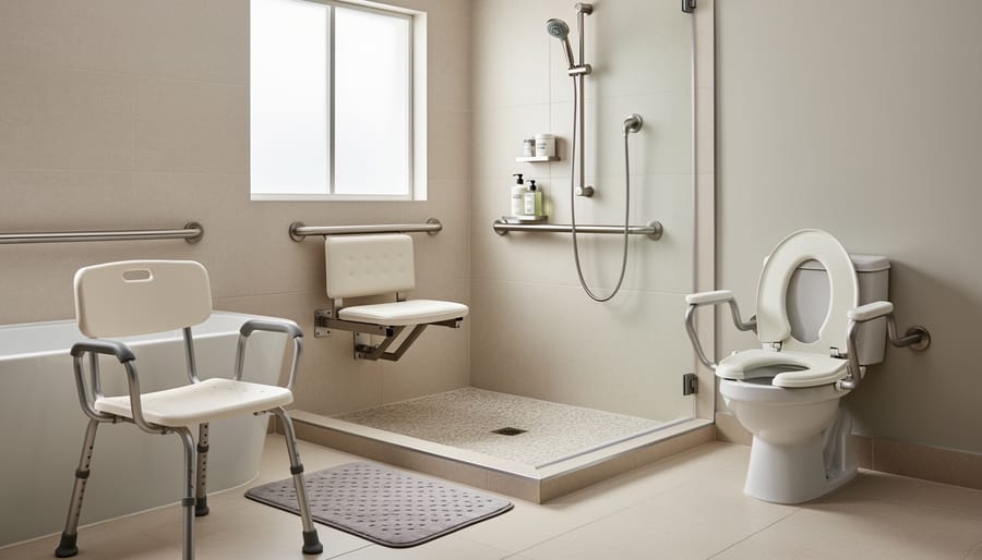 Bathroom safety features including a shower chair, grab bar, and raised toilet seat with a person nearby.