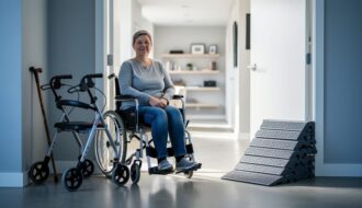 Wheelchair and rollator walker with a cane and modular ramp planks displayed in a bright, accessible home setting, representing mobility aid options for greater independence in Calgary.