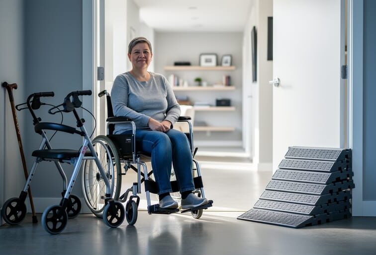 Wheelchair and rollator walker with a cane and modular ramp planks displayed in a bright, accessible home setting, representing mobility aid options for greater independence in Calgary.