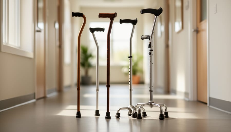 Quad cane and single-point cane resting on the floor beside a person standing and shifting weight.