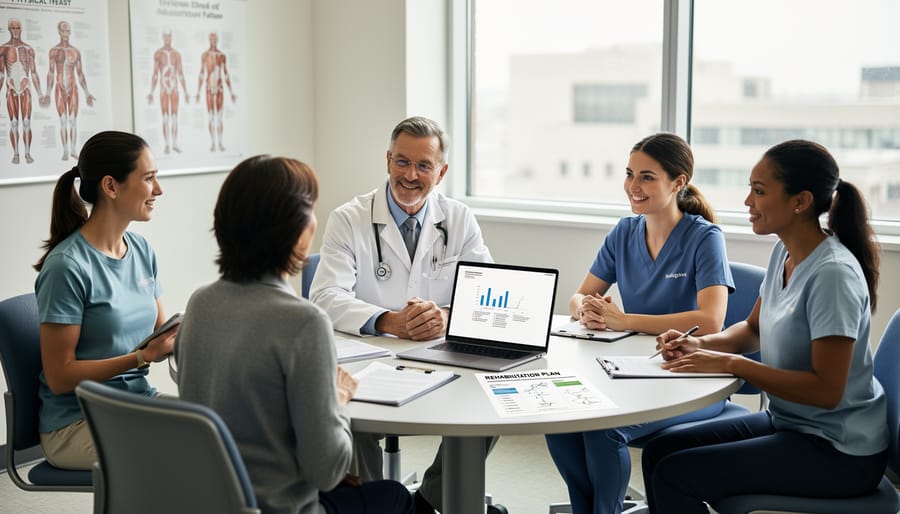 Interdisciplinary rehabilitation team collaborating with a patient in a therapy room