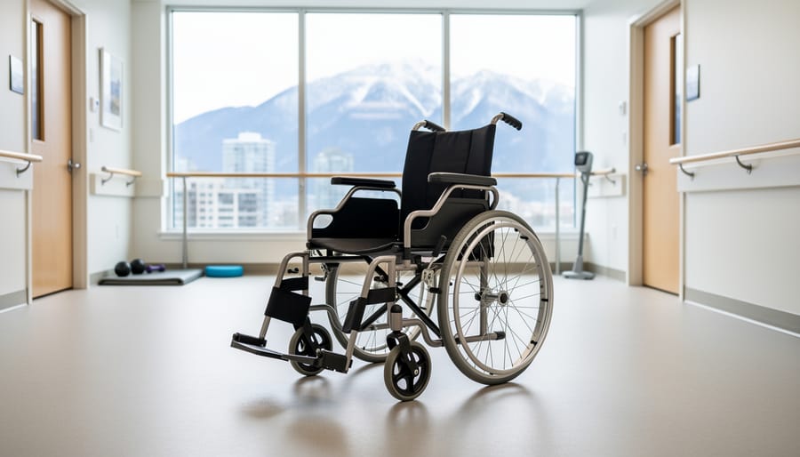Manual wheelchair positioned in a rehabilitation space next to a person preparing for a transfer.