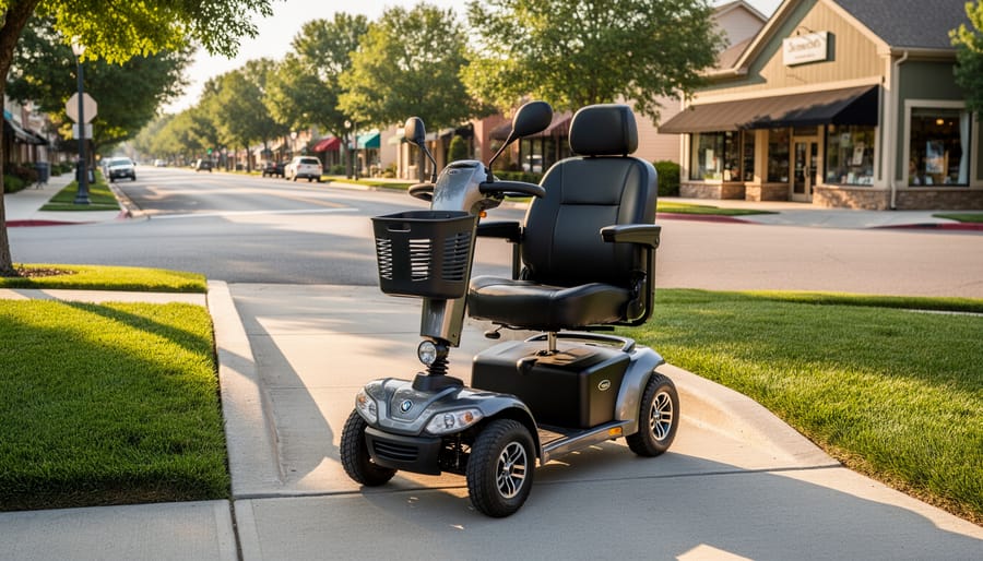 Person seated on a mobility scooter near an accessible sidewalk preparing to move forward.
