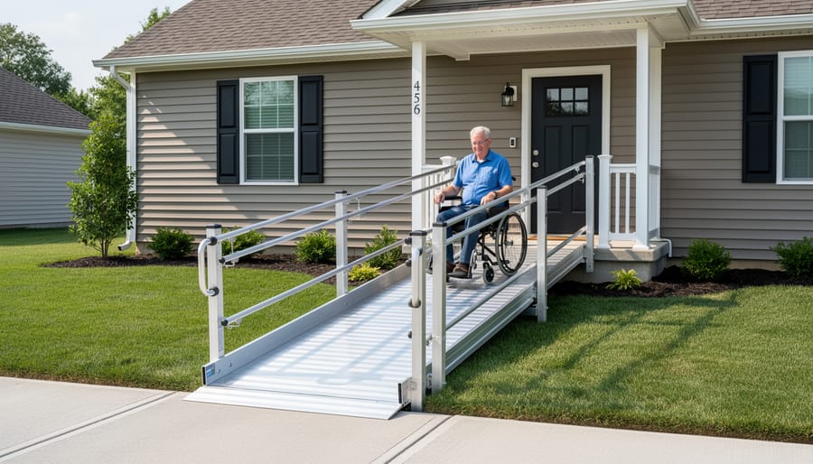 Wheelchair user positioned on a modular ramp leading to a house entrance.