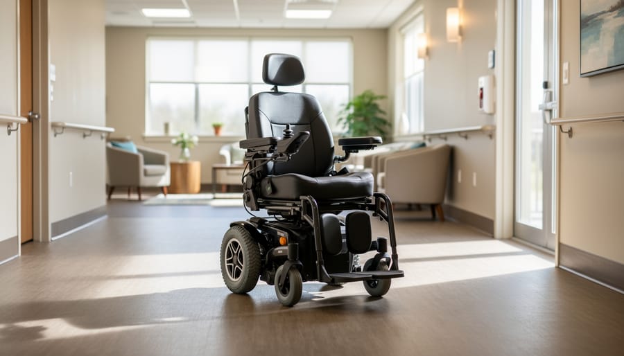 Person seated in a power wheelchair in an accessible indoor space, holding the joystick controls.