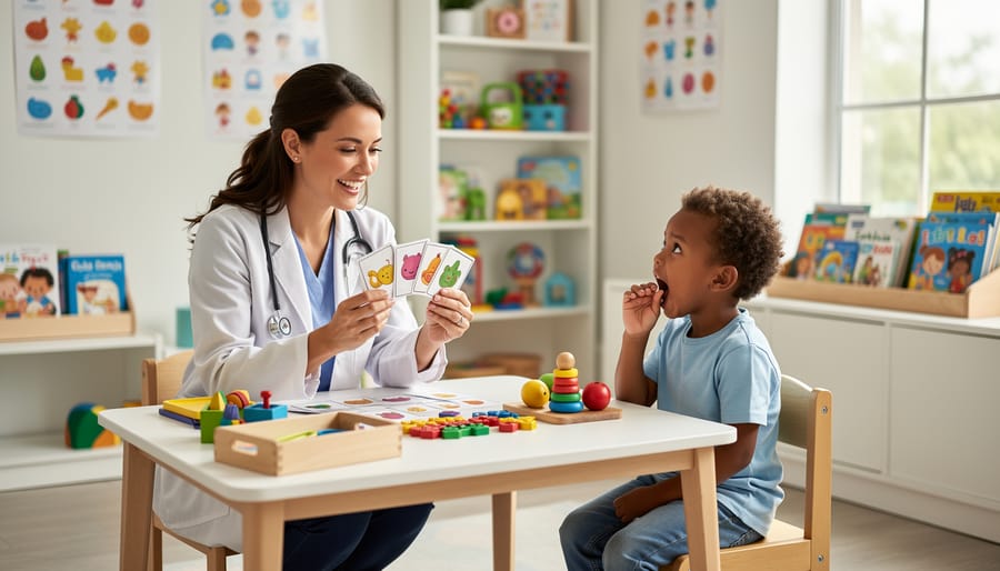 Speech-language pathologist speaking with a child during a therapy session