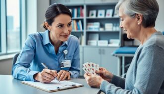 “Speech-language pathologist guiding a patient during an in-clinic communication therapy session.”