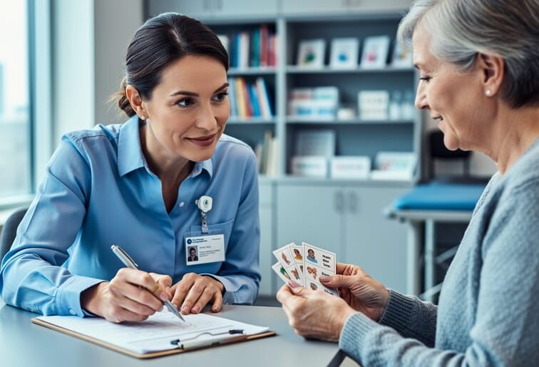 “Speech-language pathologist guiding a patient during an in-clinic communication therapy session.”