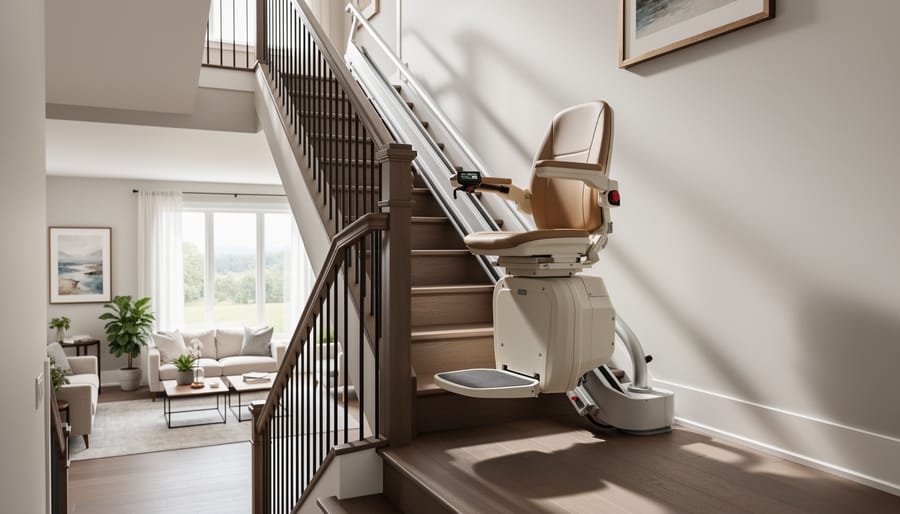 Stair lift on a residential staircase with a person preparing to use it.