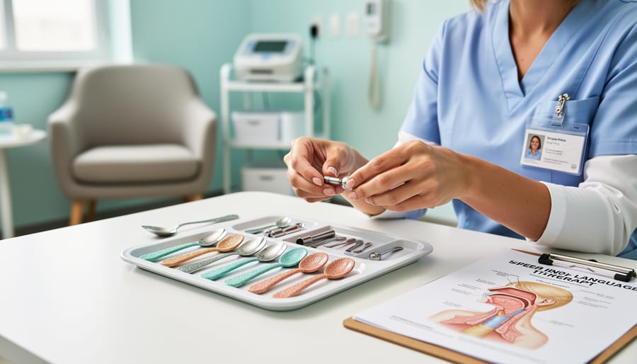 Clinician using a swallow therapy cup during speech-language pathology treatment