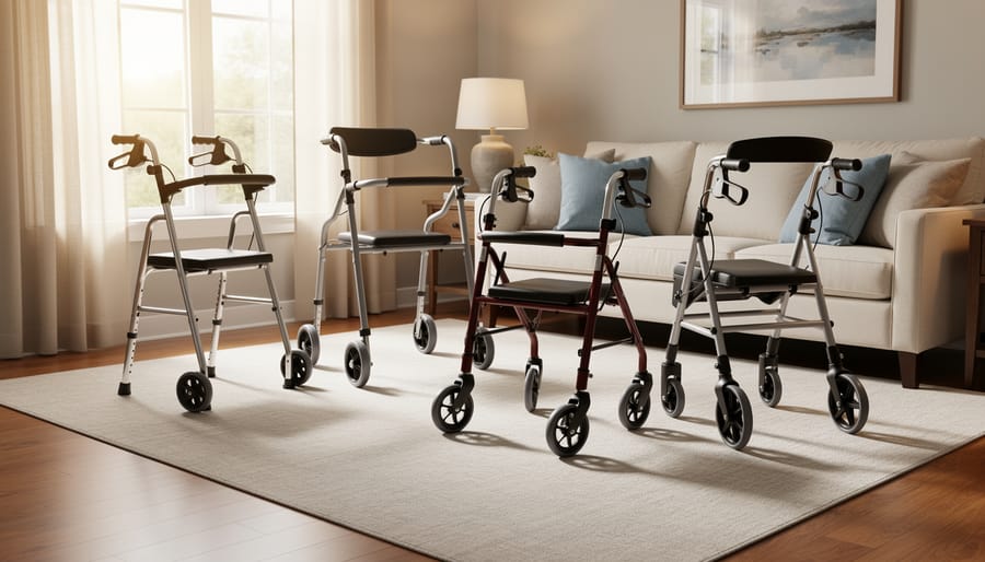 Walker and rollator near a doorway with a person’s hands gripping the handles for support.